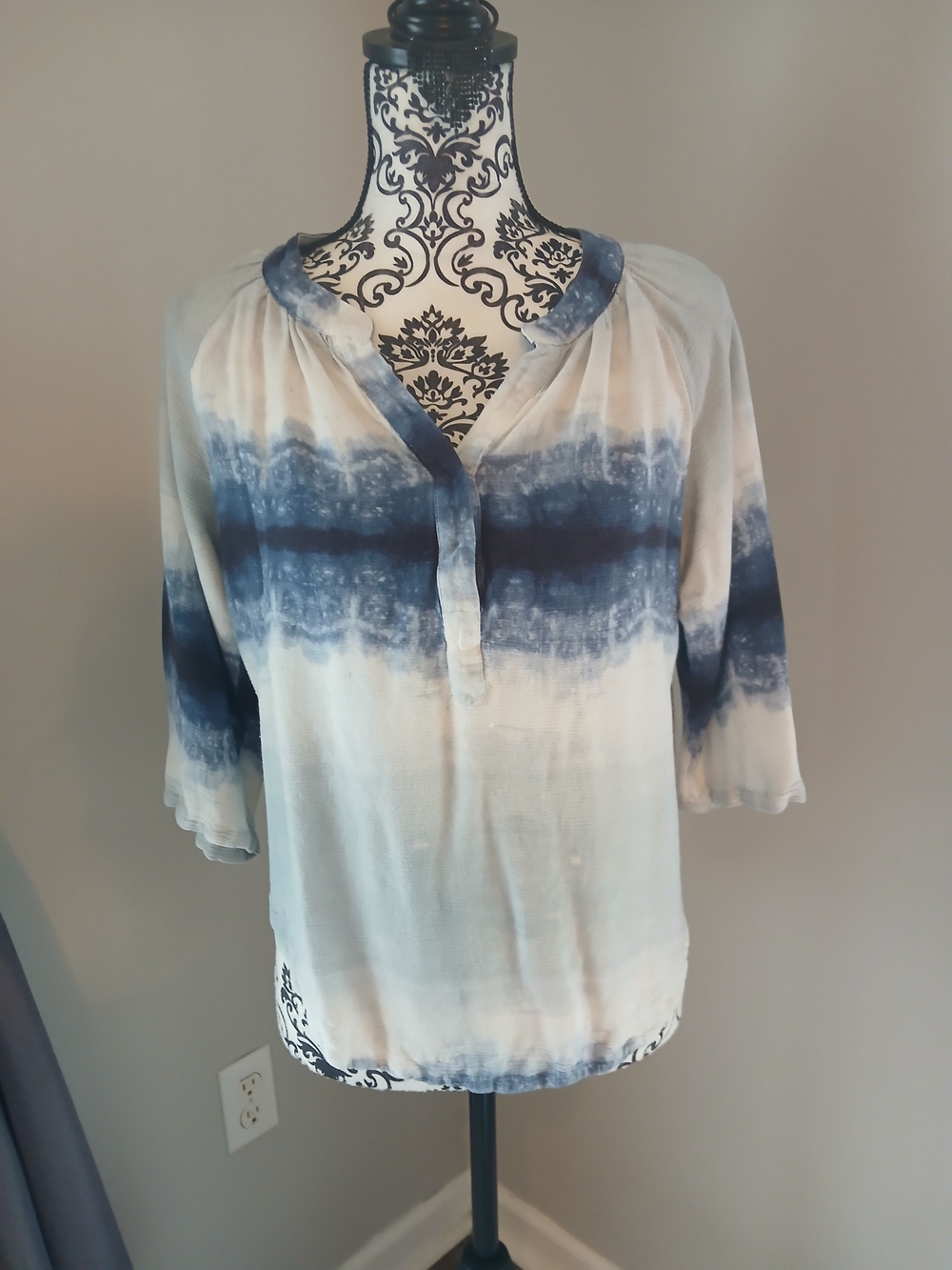 Olivaceous Cream and Blue Tie-Dye Henley Blouse